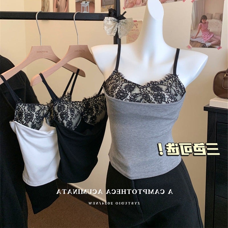 2025 Spring New Pure Style Lace Stitching With Chest Pad Beauty Back Vest Sling Top White - Image 2